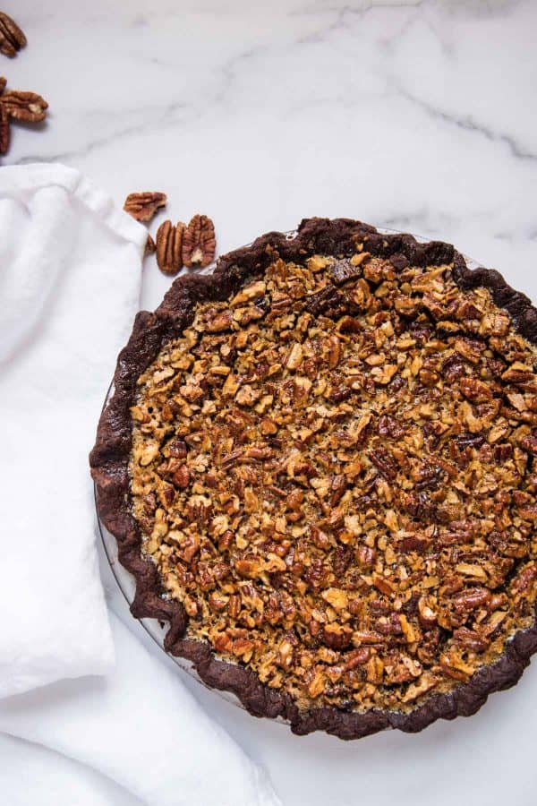 whole pecan pie in the pie dish