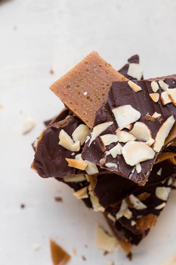 overhead photo of buttercrunch toffee stack