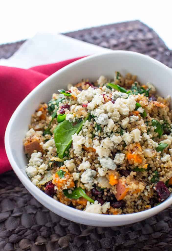 Quinoa with sweet potato, dried cranberries, spinach, gorgonzola & walnuts