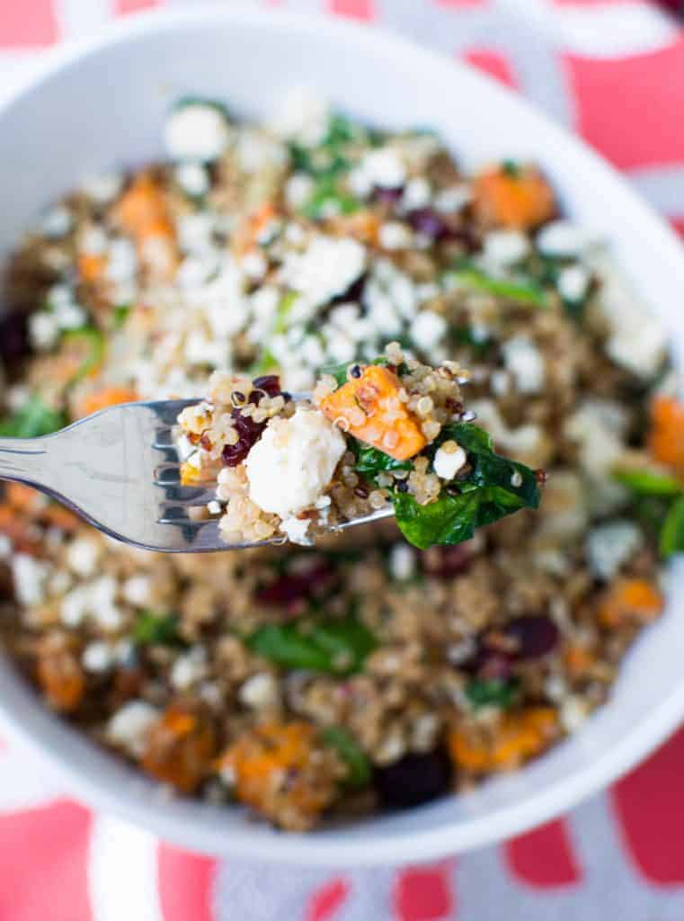 Quinoa with sweet potato, dried cranberries, spinach, gorgonzola & walnuts