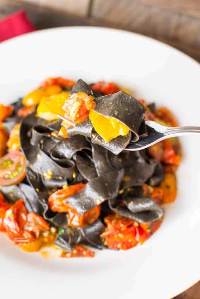 Squid Ink Pasta in Heirloom Tomato Sauce