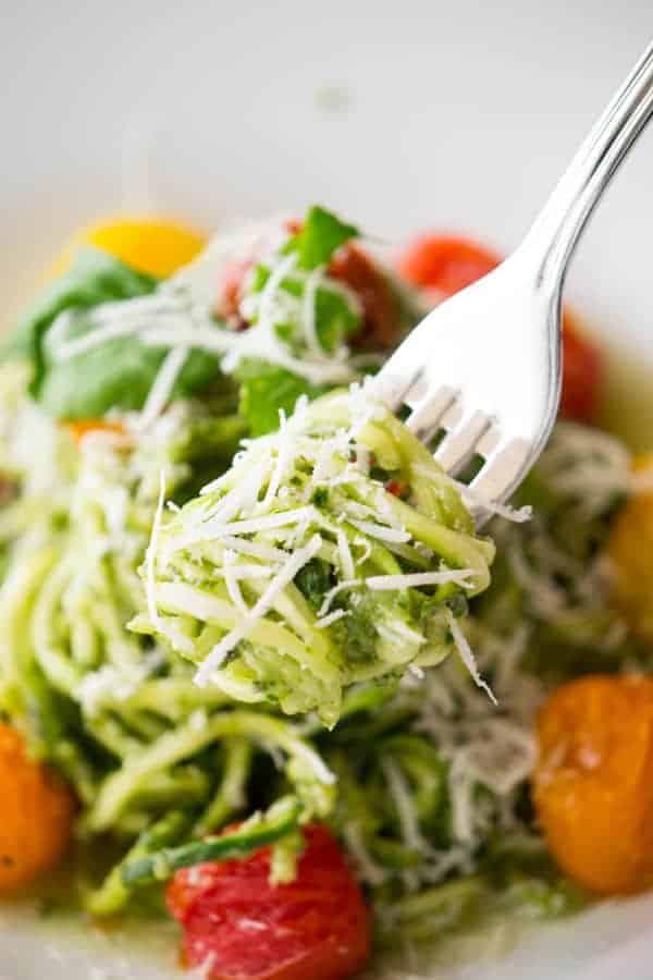 Avocado Pesto with Zucchini Noodles and Blistered Tomatoes