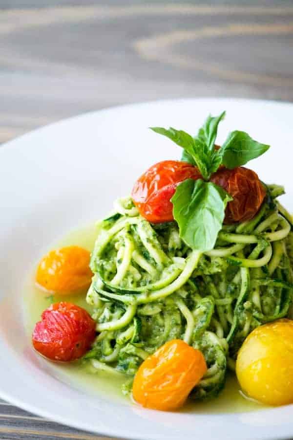 Avocado Pesto Zucchini Noodles and Blistered Tomatoes