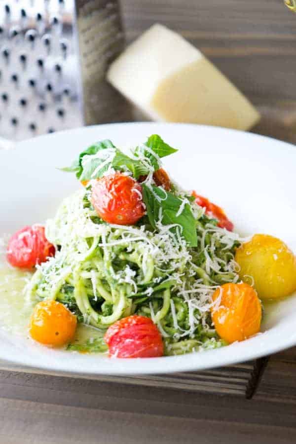 Avocado Pesto Zucchini Noodles and Blistered Tomatoes