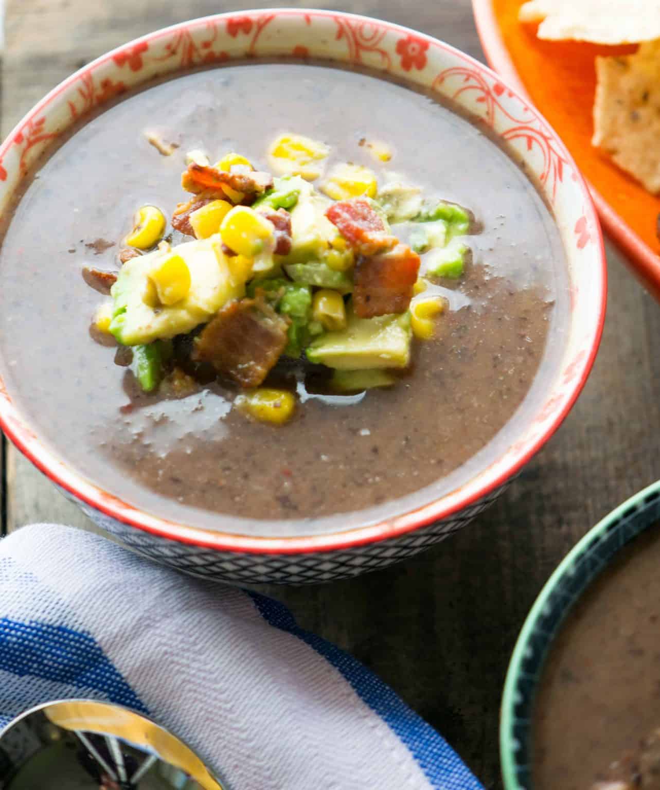 Mexican Black Bean Soup with Bacon Corn Salsa - Hunger Thirst Play