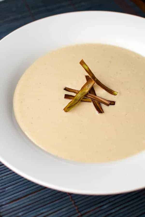 Fat free half and half makes this Parsnip and Cauliflower bisque ultra creamy without the guilt!
