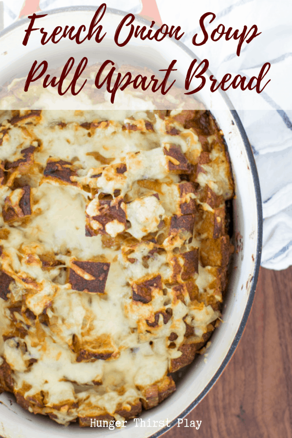 overhead view of french onion soup pull apart bread