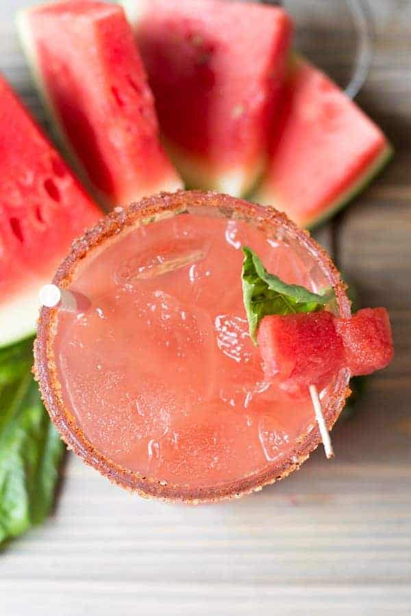 overhead view of watermelon basil margaritas