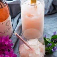 Lavender Peach Wine Slushies in glasses and pitcher