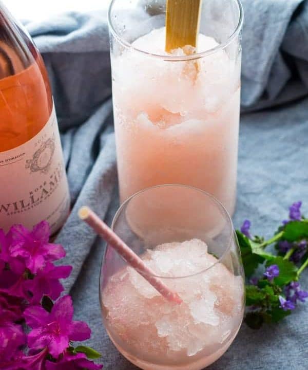 Lavender Peach Wine Slushies in glasses and pitcher