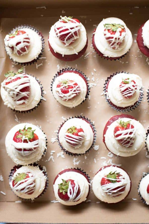 Red Velvet Cupcakes boxed up to go!