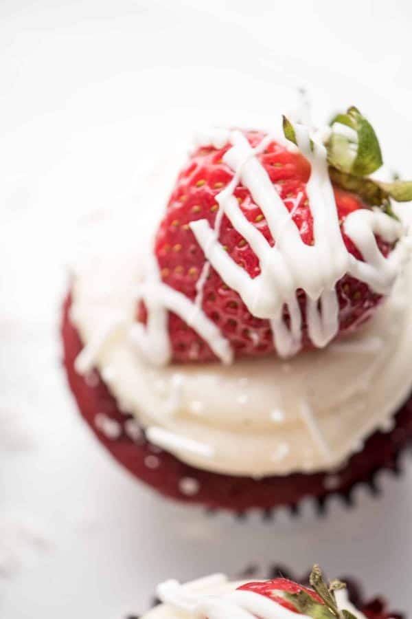 Red Velvet Cupcakes overhead close up