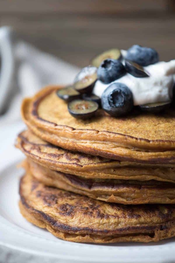 close up of stack of pumpkin spice pancakes