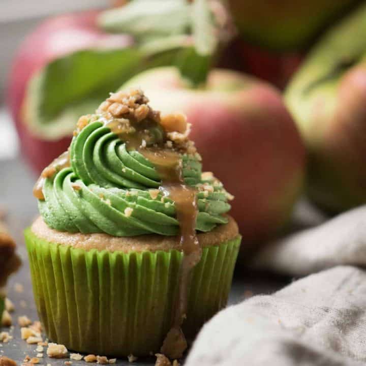 close up side angle of Caramel Apple Cider Cupcakes