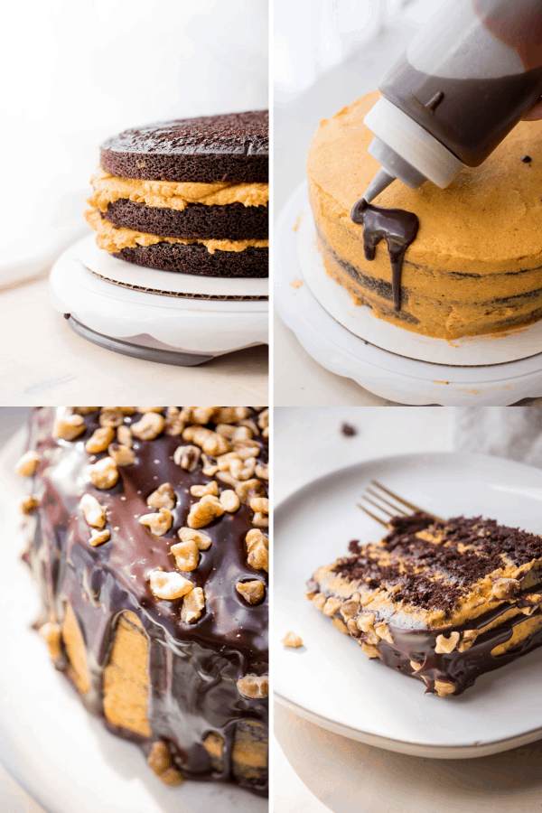 collage of assembling pumpkin buttercream layer cake