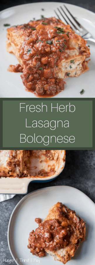 Fresh Herb Lasagna Bolognese | Rich, hearty meat sauce layered with fresh herbed cheeses and tender pasta noodles.