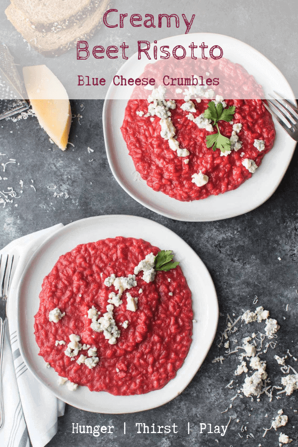 Creamy beet risotto gets its awesome color from beet infused chicken stock. Tangy blue cheese is the perfect pop of salty flavor. #beetrecipes #risotto