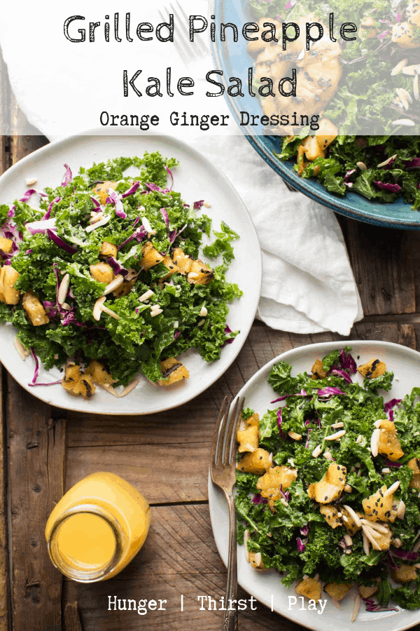 overhead photos of grilled pineapple kale salad