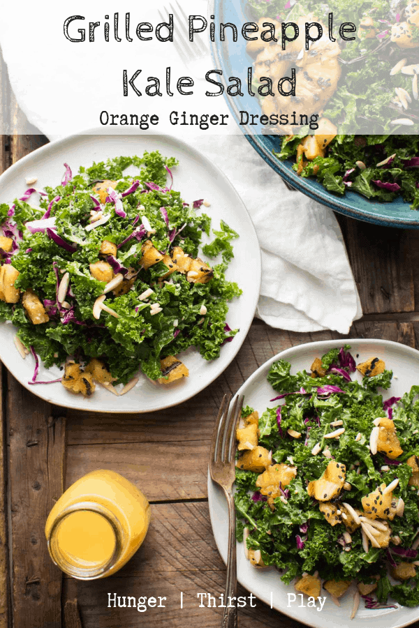 Fresh citrus and crunchy kale will chase the cold weather blues away! The combination of sweet, caramelized grilled pineapple with orange ginger dressing and fresh salad ingredients makes this the perfect healthy, but filling salad. #kalesalad #pineapple #freshsalads