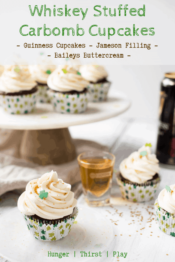 An adult sweet treat for St. Patrick's Day. Why make a mess chugging a Guinness when you can slowly enjoy it while washing down a delicious cupcake? Guinness cupcakes stuffed with Jameson filling and a creamy Bailey's buttercream frosting. #cupcakes #stpatricksday
