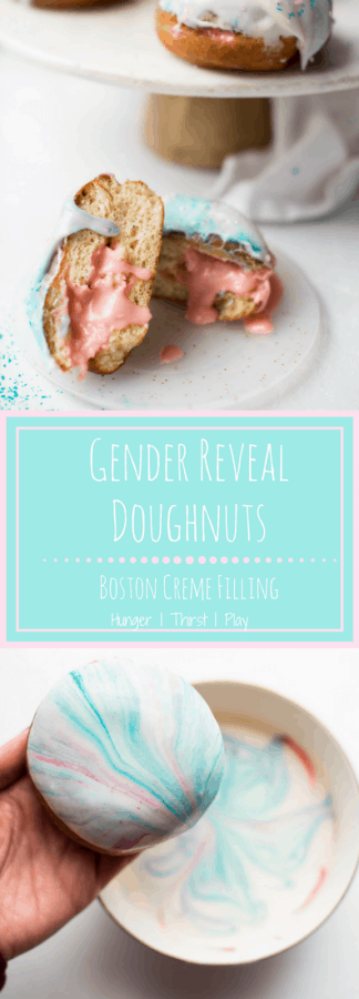 Gender Reveal Doughnuts | A sweet way to surprise your friends and family! Soft, tender doughnuts - baked or fried - with Boston cream style filling and sweet marble swirl glaze.
