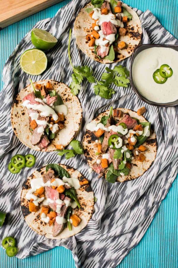 Cilantro Lime Flank Steak Tacos | Jalapeño Crema