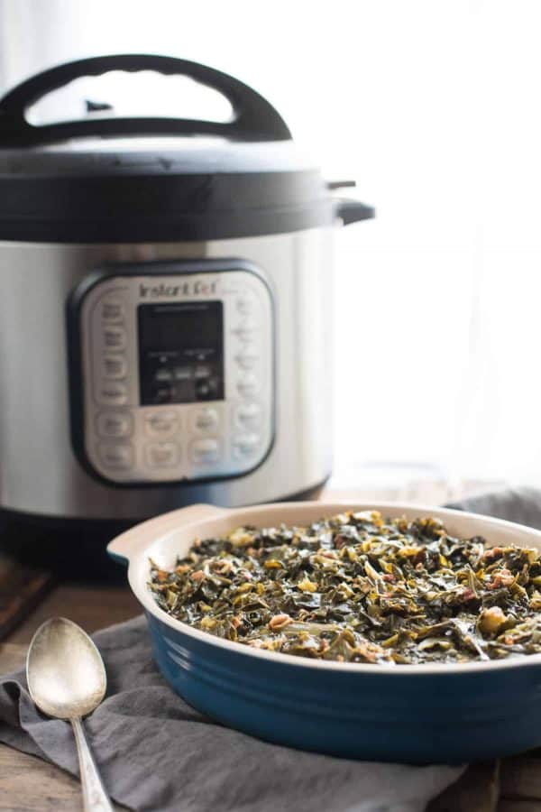 Instant Pot Collard Greens with Jalapeño + Bacon are a simple way to make a classic barbecue side dish! Instead of stirring them on the hot stovetop, let the Instant Pot do all the work, resulting in tender, flavorful, rich collard greens with just a hint of spice.