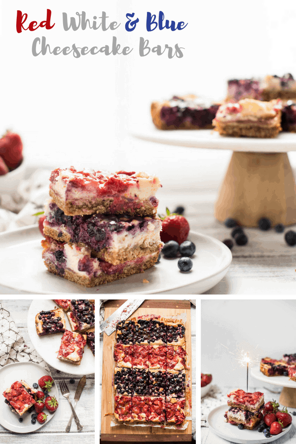 Red White and Blue Cheesecake Bars are a delicious Patriotic sweet treat with fresh summer fruit, creamy filling and crunchy gluten free crust. #cheesecake #cheesecakebars #4thofjuly #bbqdesserts #fruitdesserts #4thofjulydessert