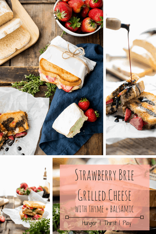 Melty, creamy brie cheese, sweet ripe summer strawberries, and a hint of fresh thyme sandwiched between crisp, buttery bread for the ultimate summer grilled cheese. #grilledcheese #summerfood #strawberries #fruitandcheese #sweetandsavory #easylunch