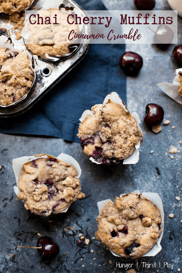 Super-moist, tender muffins packed with fresh cherries, spicy chai and topped with sweet cinnamon clove crumble. #chai #freshcherries #muffins #breakfast #cherrymuffins