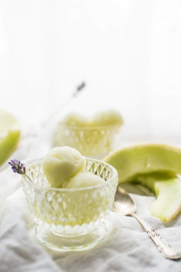 Honeydew Lavender Sorbet is the perfect summertime sweet treat!  Fresh honeydew melon and light, floral lavender flavor in an smooth, frozen sorbet. #sorbet #summer #frozen #honeydewmelon #cookingwithlavender #dairyfree #glutenfree