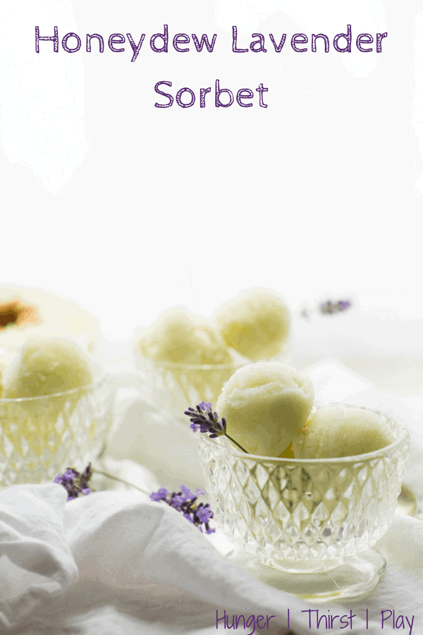 Honeydew Lavender Sorbet is the perfect summertime sweet treat!  Fresh honeydew melon and light, floral lavender flavor in an smooth, frozen sorbet. #sorbet #summer #frozen #honeydewmelon #cookingwithlavender #dairyfree #glutenfree