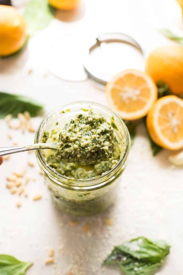 Everything you love about traditional basil pesto with a burst of summery flavors, bright and sweet Meyer lemon, and cheesy Parmesan. #meyerlemonrecipes #meyerlemon #pesto #italianfood #easysauces #freshherbs #basil