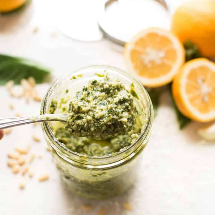 Everything you love about traditional basil pesto with a burst of summery flavors, bright and sweet Meyer lemon, and cheesy Parmesan. #meyerlemonrecipes #meyerlemon #pesto #italianfood #easysauces #freshherbs #basil