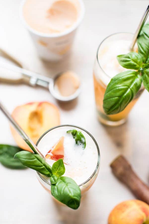 Summery Peach Basil Gin Floats are the perfect cold summer cocktail to cool off in the heat.