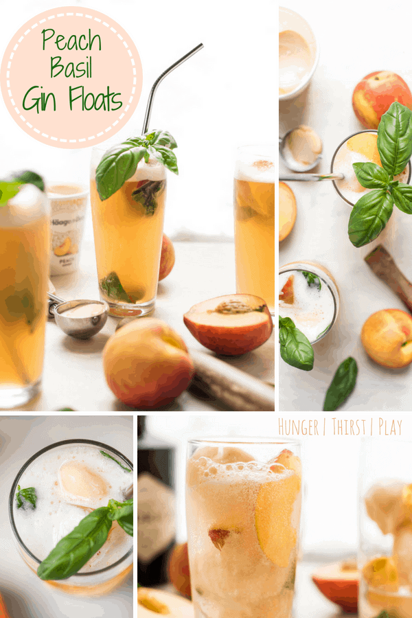 Summer Peach Basil Gin Floats are the perfect cocktail to beat the heat this summer. Frozen peach sorbet sweetens and chills herbaceous gin, fresh basil, and fizzy club soda. Not too sweet, incredibly refreshing. #cocktails #summer #gindrinks #poolparty #peach #basil #gin