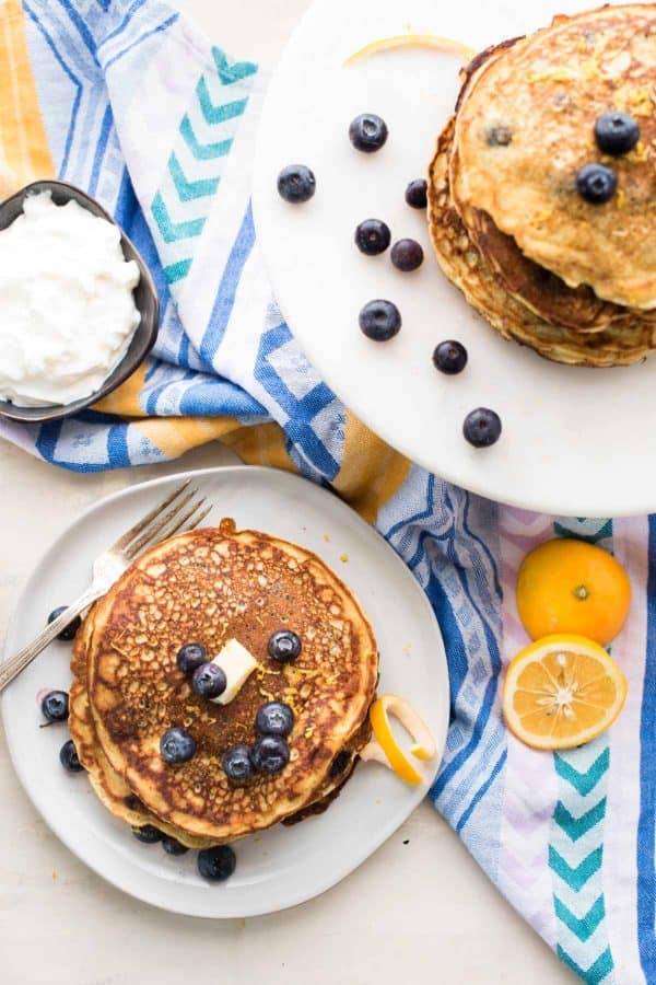 overhead photo of blueberry lemon lactation pancakes