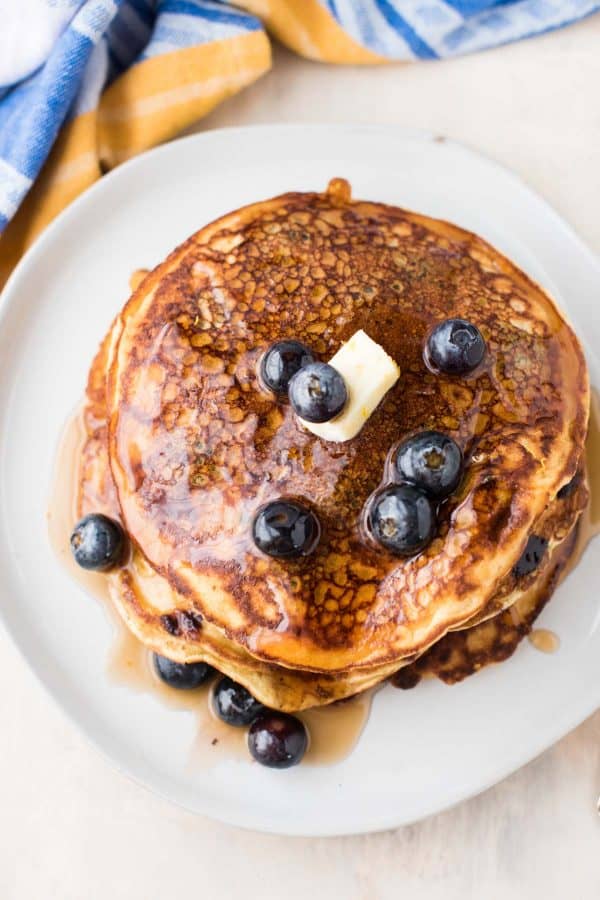 overhead photo of blueberry lemon lactation pancakes