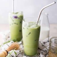 Earthy green tea matcha whisked with sweet floral lavender and creamy milk. #greentea #matcha #matcharecipes #lavender #cookingwithlavender
