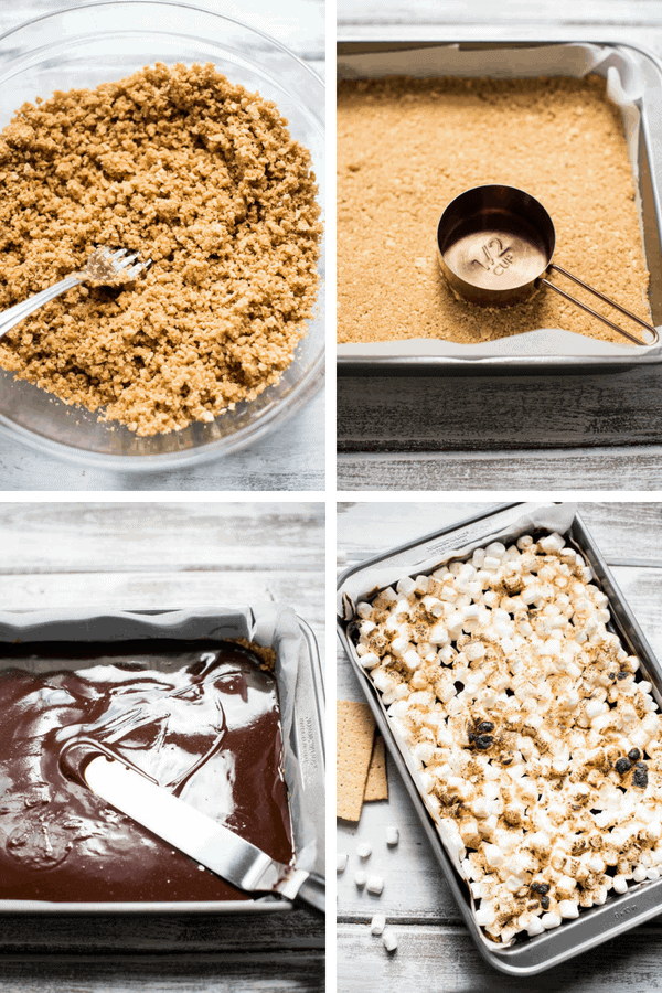 collage of steps for making s'mores bars