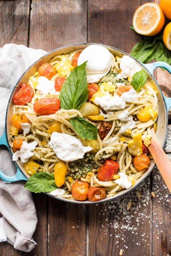 Veggie Pesto Pasta with tomatoes, corn, and burrata