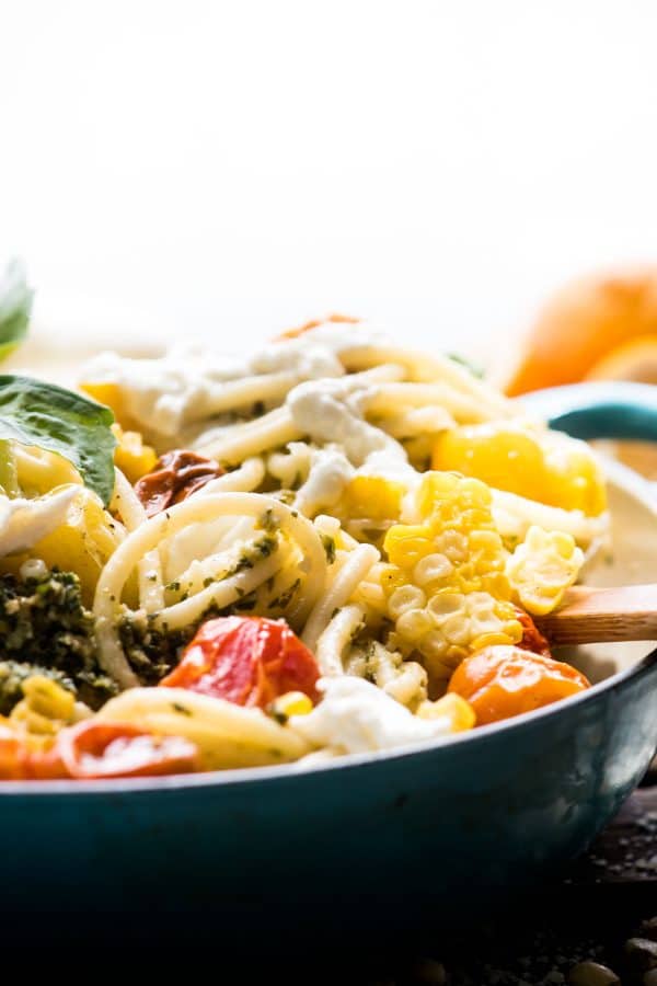 Veggie Pesto Pasta with tomatoes, corn, and burrata