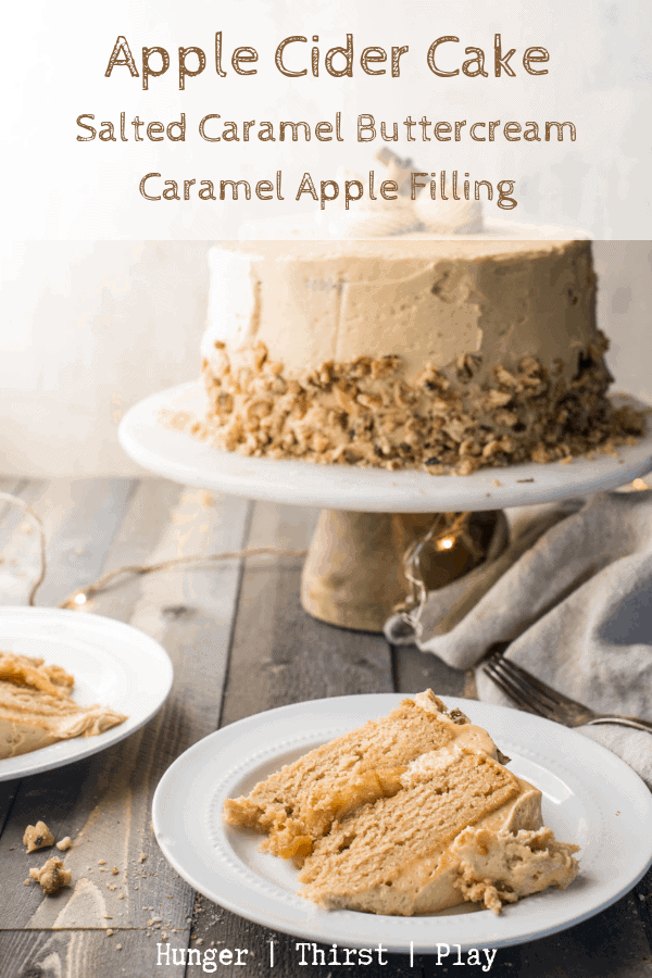 The perfect fall cake for a special occasion or holiday. Sweet and fall spiced apple cider cake, gooey caramel apple filling and salted caramel buttercream. #fallbaking #appledesserts