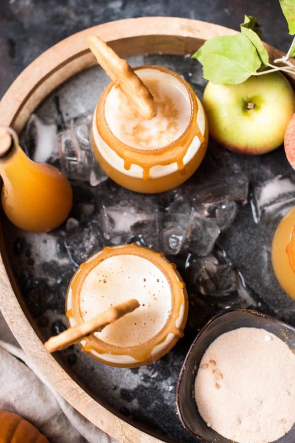 overhead view of apple cider pumpkin shandy