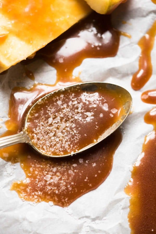 Close Up of spoon covered in salted caramel sauce