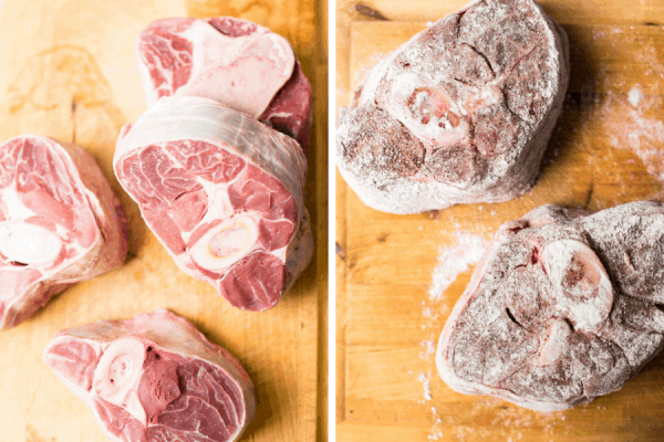 Veal shanks seasoned and dredged in flour