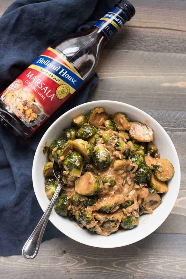 serving bowl of marsala braised brussel sprouts