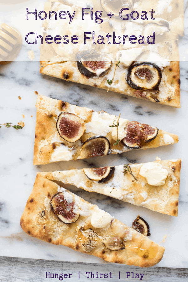 Simple, quick and delicious! Fresh juicy figs roasted with creamy mascarpone, tart goat cheese and drizzled with sweet honey on an easy to share flatbread. #easyappetizers #flatbreads #figandgoatheese