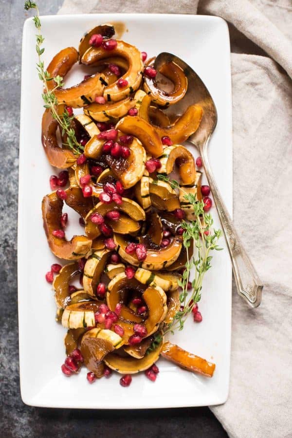 overhead view of maple soy roasted squash