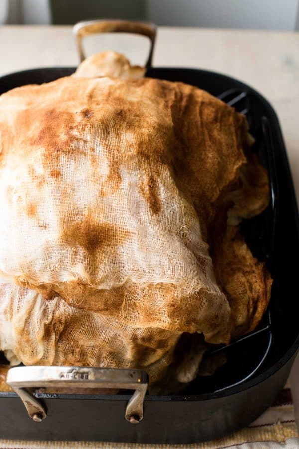 roasted turkey using no-baste cheesecloth method